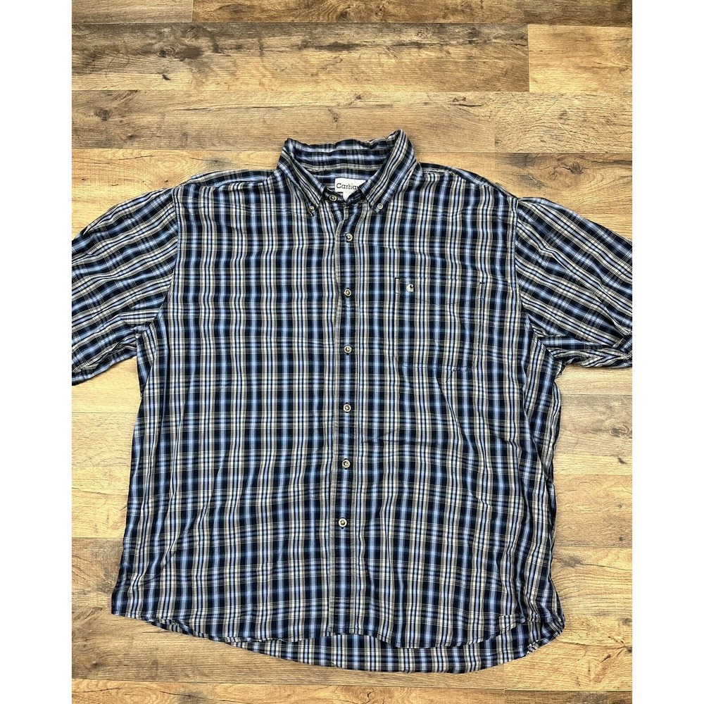 Carhartt Blue Gray Plaid Short Sleeve‎ Button Up Shirt 2XL XXL